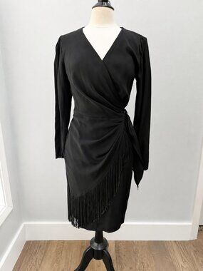 BB Collections Vintage Black Wrap Fringe Dress Size 8